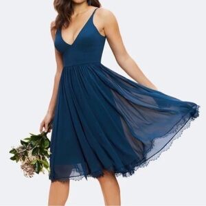 Dress The Population Alicia Chiffon Lace Fit & Flare Midi Dress Peacock Blue XS